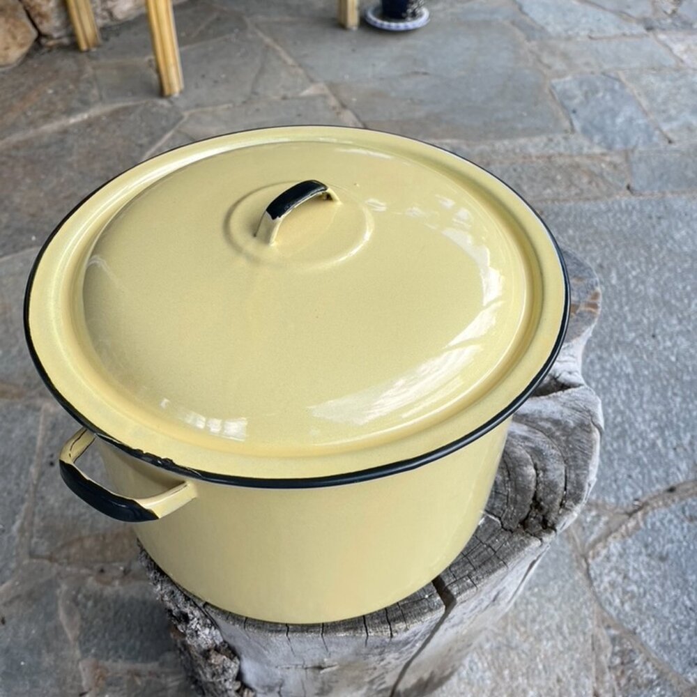 Vtg Enamelware Stock Pot Canning Butter Yellow Porcelain Enamel Lid Large 10 Qt